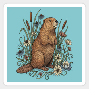 Beaver With Wildflowers And Cattails Vintage Art Magnet