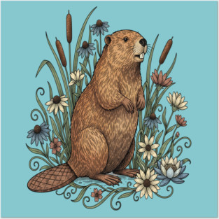 Beaver With Wildflowers And Cattails Vintage Art Posters and Art