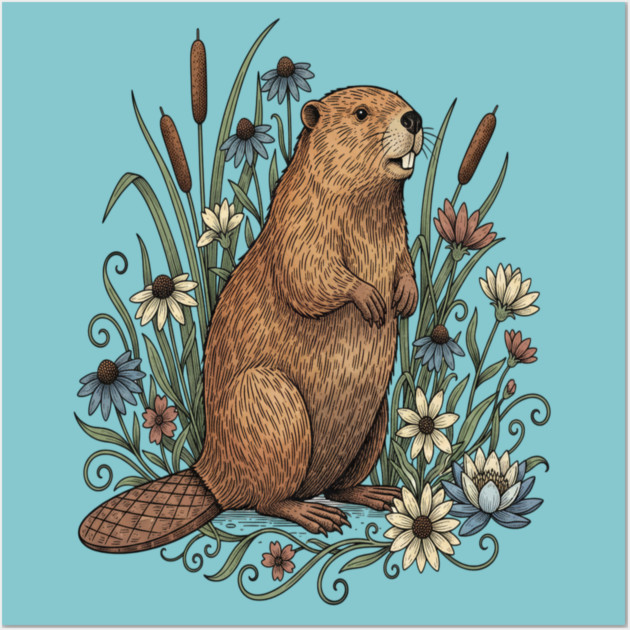 Beaver With Wildflowers And Cattails Vintage Art Wall Art by BirdsnStuff