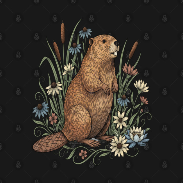 Beaver With Wildflowers And Cattails Vintage Art by BirdsnStuff