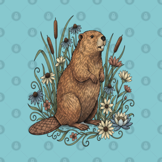 Beaver With Wildflowers And Cattails Vintage Art by BirdsnStuff