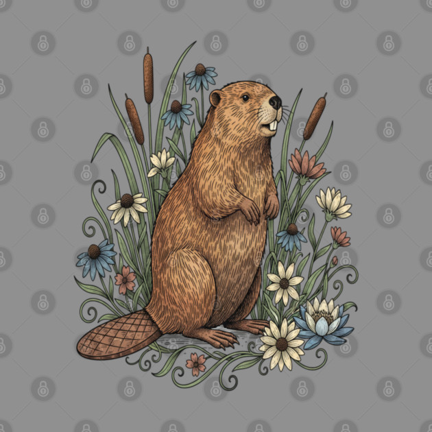 Beaver With Wildflowers And Cattails Vintage Art by BirdsnStuff