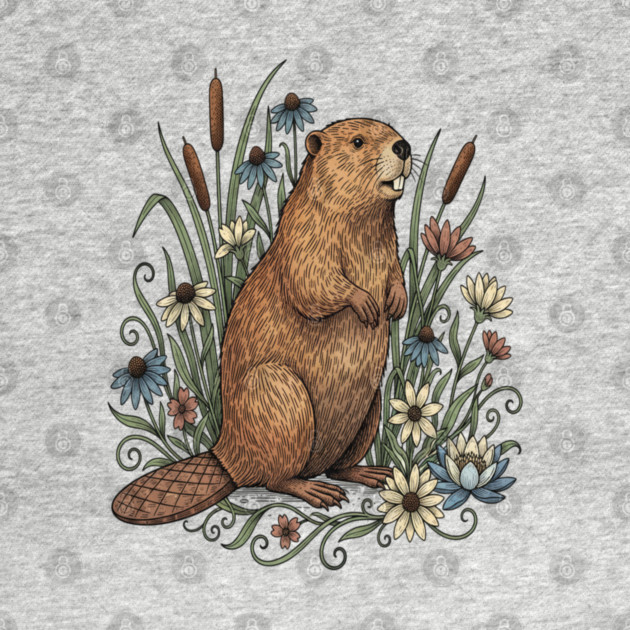 Beaver With Wildflowers And Cattails Vintage Art by BirdsnStuff