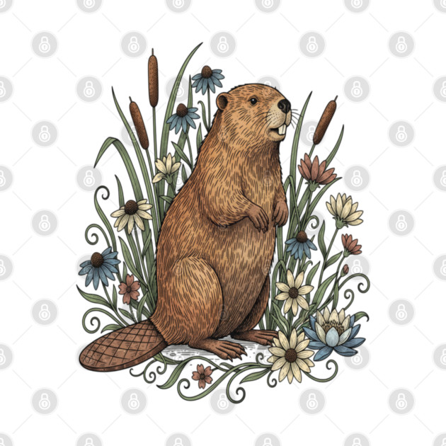 Beaver With Wildflowers And Cattails Vintage Art by BirdsnStuff