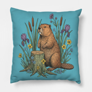 Beaver With Irises And River Flowers Vintage Art Pillow