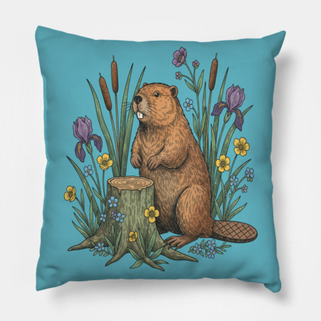 Beaver With Irises And River Flowers Vintage Art Pillow by BirdsnStuff