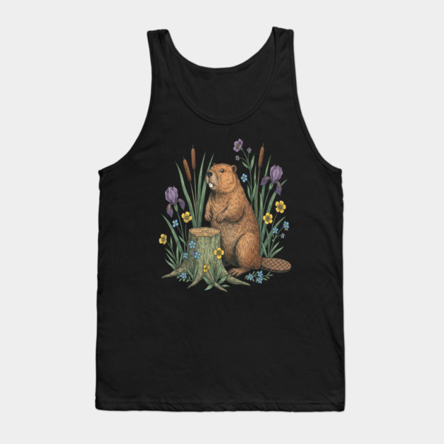 Beaver With Irises And River Flowers Vintage Art Tank Top by BirdsnStuff