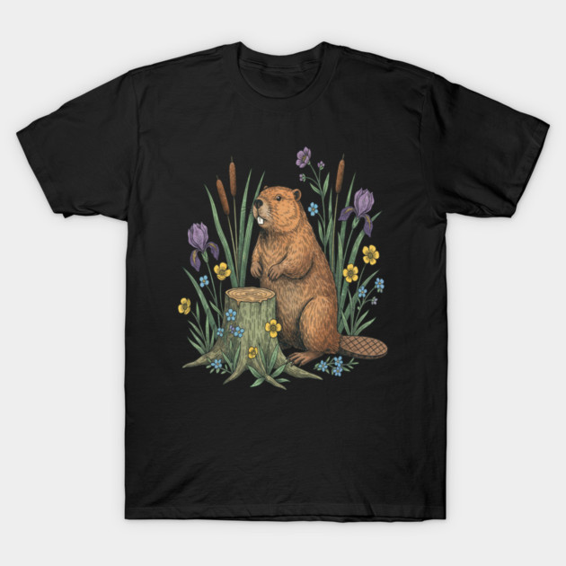 Beaver With Irises And River Flowers Vintage Art T-Shirt by BirdsnStuff
