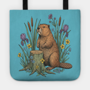 Beaver With Irises And River Flowers Vintage Art Tote