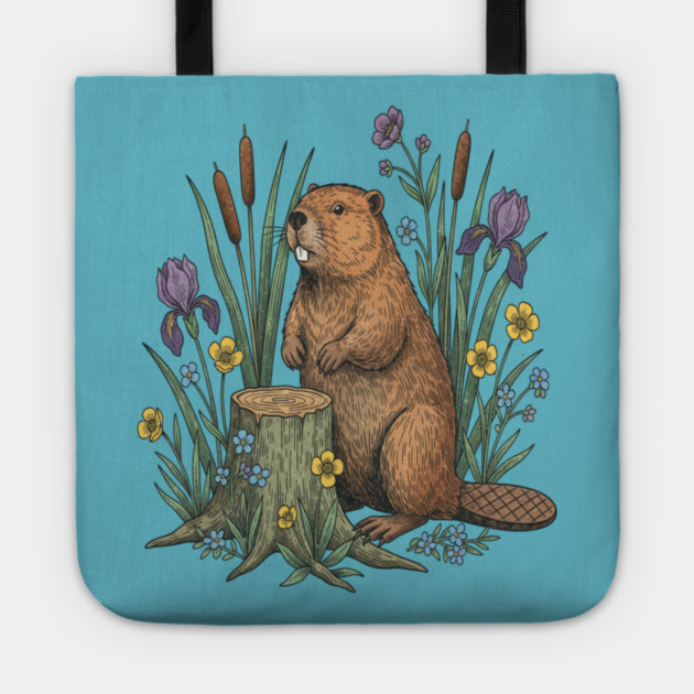 Beaver With Irises And River Flowers Vintage Art Tote by BirdsnStuff