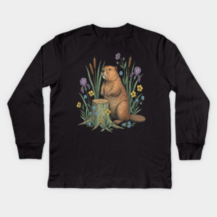 Beaver With Irises And River Flowers Vintage Art Kids Long Sleeve T-Shirt