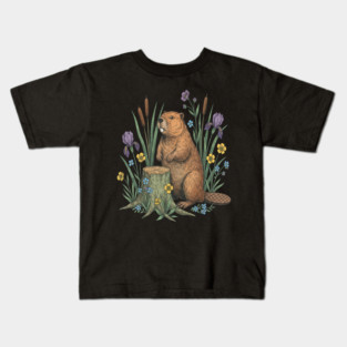 Beaver With Irises And River Flowers Vintage Art Kids T-Shirt