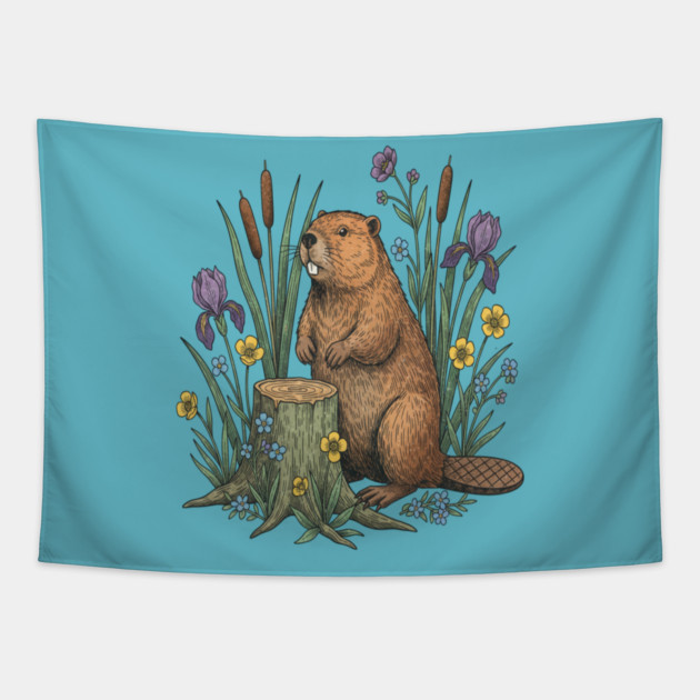 Beaver With Irises And River Flowers Vintage Art Tapestry by BirdsnStuff