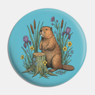 Beaver With Irises And River Flowers Vintage Art Pin