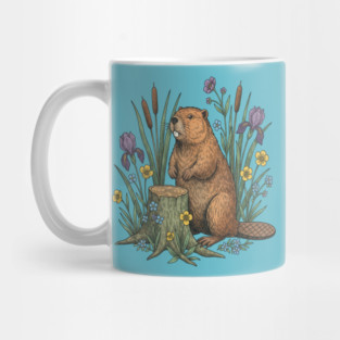 Beaver With Irises And River Flowers Vintage Art Mug
