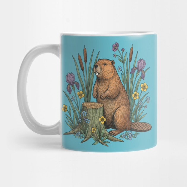 Beaver With Irises And River Flowers Vintage Art by BirdsnStuff