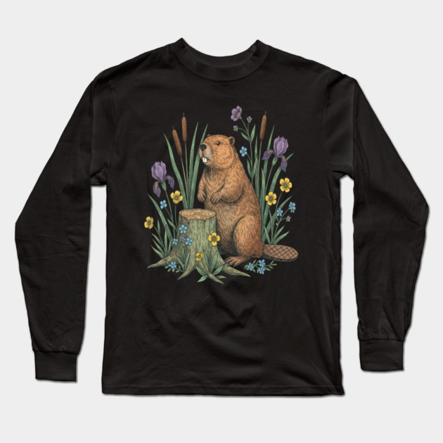 Beaver With Irises And River Flowers Vintage Art Long Sleeve T-Shirt by BirdsnStuff
