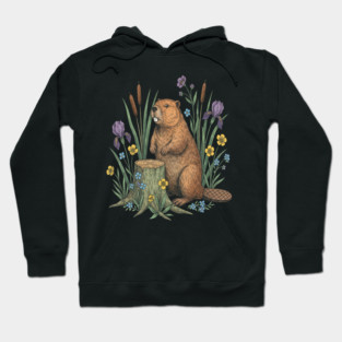 Beaver With Irises And River Flowers Vintage Art Hoodie