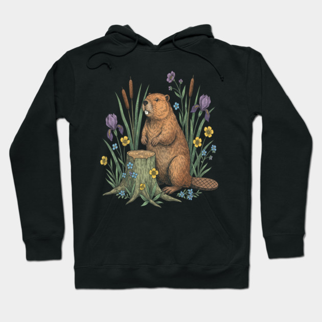 Beaver With Irises And River Flowers Vintage Art Hoodie by BirdsnStuff