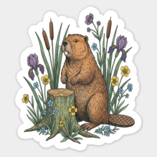 Beaver With Irises And River Flowers Vintage Art Sticker