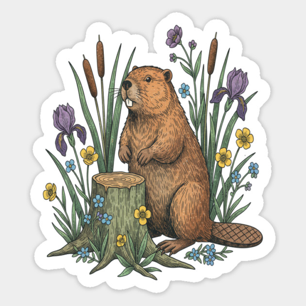 Beaver With Irises And River Flowers Vintage Art Magnet by BirdsnStuff