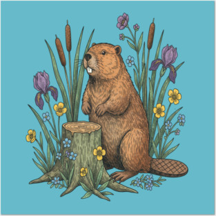 Beaver With Irises And River Flowers Vintage Art Posters and Art