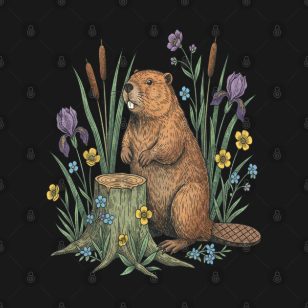 Beaver With Irises And River Flowers Vintage Art by BirdsnStuff