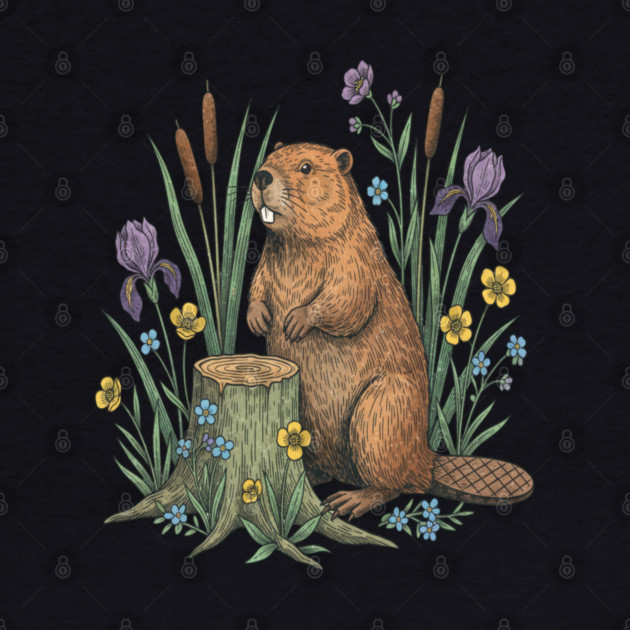 Beaver With Irises And River Flowers Vintage Art by BirdsnStuff