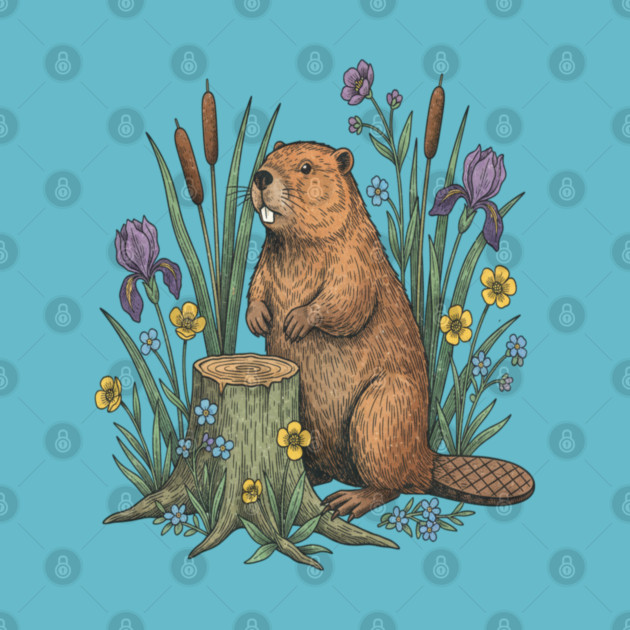 Beaver With Irises And River Flowers Vintage Art by BirdsnStuff