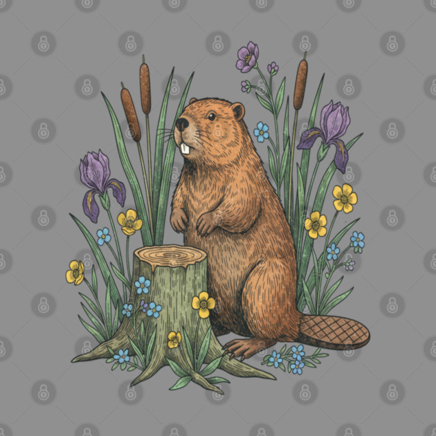 Beaver With Irises And River Flowers Vintage Art by BirdsnStuff