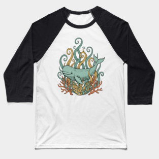 Beluga Whale Swirling Seaweed Vintage Wildlife Art Baseball T-Shirt