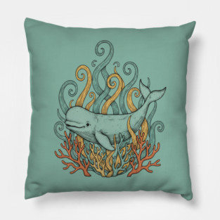 Beluga Whale Swirling Seaweed Vintage Wildlife Art Pillow