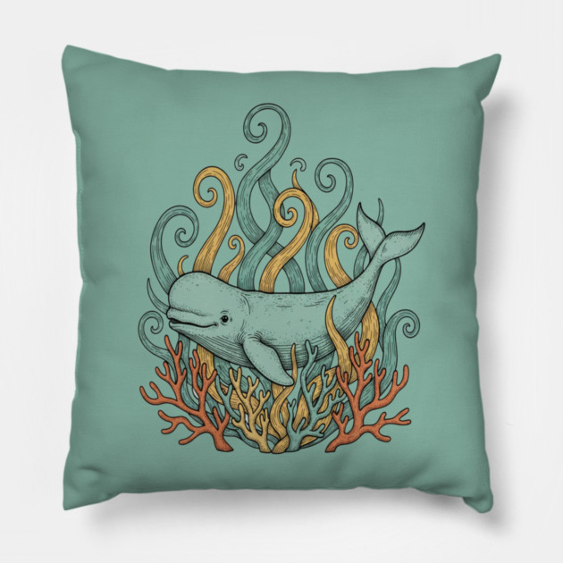 Beluga Whale Swirling Seaweed Vintage Wildlife Art Pillow by BirdsnStuff