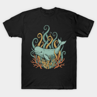Beluga Whale Swirling Seaweed Vintage Wildlife Art T-Shirt