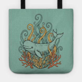 Beluga Whale Swirling Seaweed Vintage Wildlife Art Tote