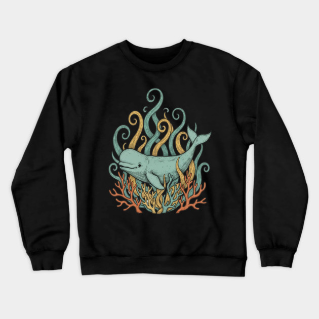 Beluga Whale Swirling Seaweed Vintage Wildlife Art Crewneck Sweatshirt by BirdsnStuff