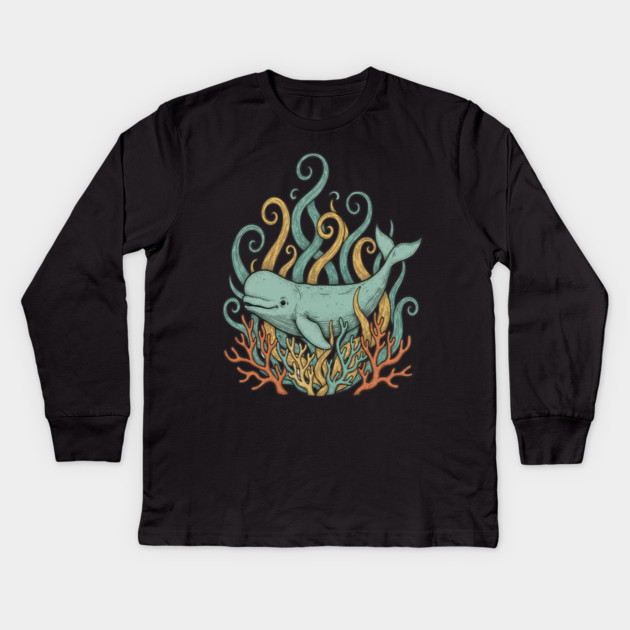 Beluga Whale Swirling Seaweed Vintage Wildlife Art Kids Long Sleeve T-Shirt by BirdsnStuff