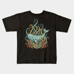 Beluga Whale Swirling Seaweed Vintage Wildlife Art Kids T-Shirt