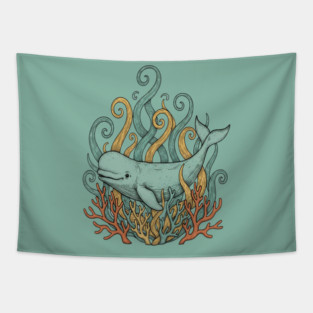Beluga Whale Swirling Seaweed Vintage Wildlife Art Tapestry