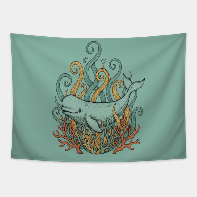 Beluga Whale Swirling Seaweed Vintage Wildlife Art Tapestry by BirdsnStuff