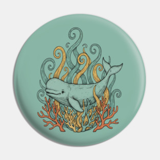 Beluga Whale Swirling Seaweed Vintage Wildlife Art Pin
