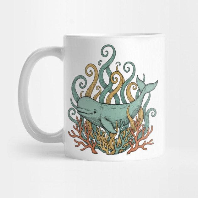 Beluga Whale Swirling Seaweed Vintage Wildlife Art by BirdsnStuff