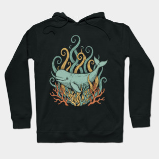 Beluga Whale Swirling Seaweed Vintage Wildlife Art Hoodie