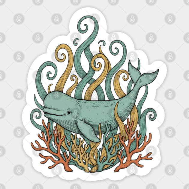 Beluga Whale Swirling Seaweed Vintage Wildlife Art Sticker by BirdsnStuff