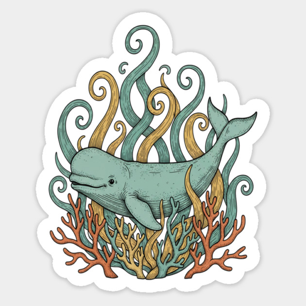 Beluga Whale Swirling Seaweed Vintage Wildlife Art Magnet by BirdsnStuff