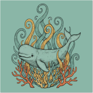 Beluga Whale Swirling Seaweed Vintage Wildlife Art Posters and Art