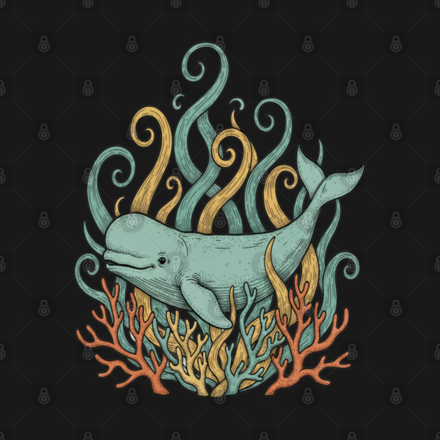 Beluga Whale Swirling Seaweed Vintage Wildlife Art by BirdsnStuff