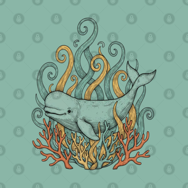 Beluga Whale Swirling Seaweed Vintage Wildlife Art by BirdsnStuff
