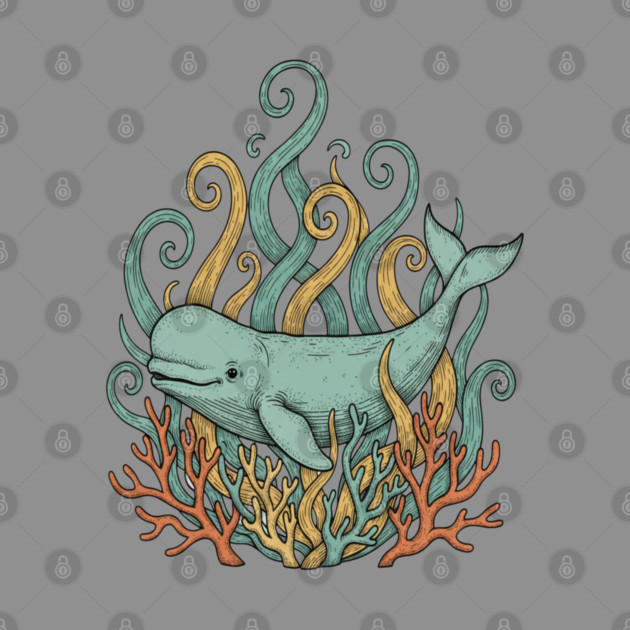 Beluga Whale Swirling Seaweed Vintage Wildlife Art by BirdsnStuff