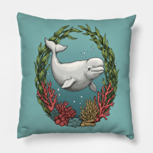 Beluga Whale Coral Reef Vintage Ocean Art Pillow